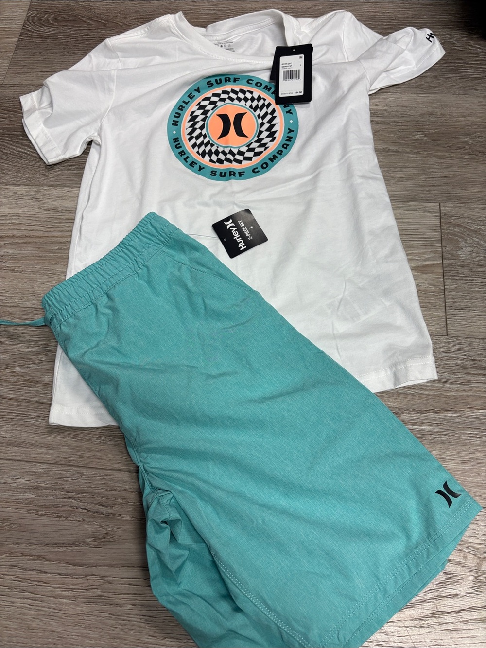 Boys Large Hurley White Tee with Teal and Orange Graphic & Teal Swim Shorts
